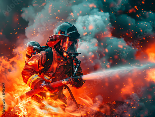 A male firefighter in gear is actively spraying water on a blazing fire to control and extinguish it © Дарья Вовкула