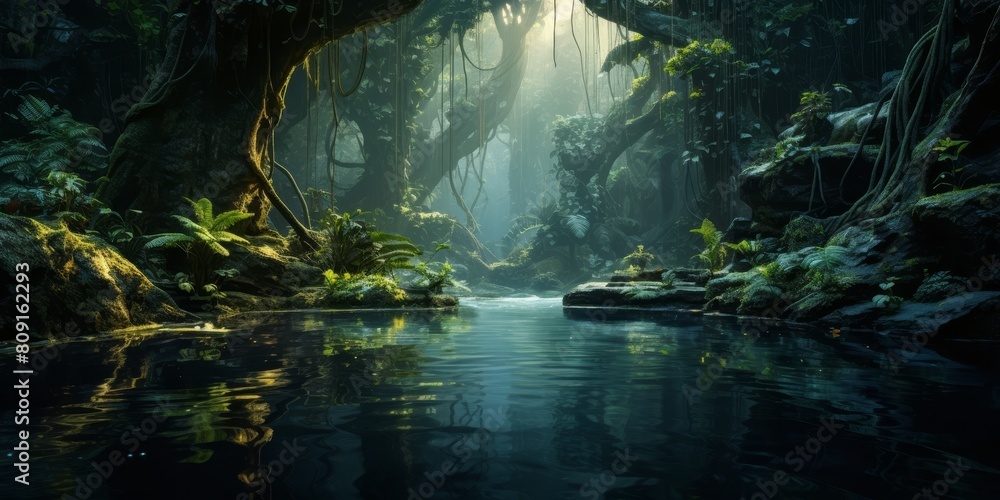 Lush tropical forest landscape with waterfall and reflection