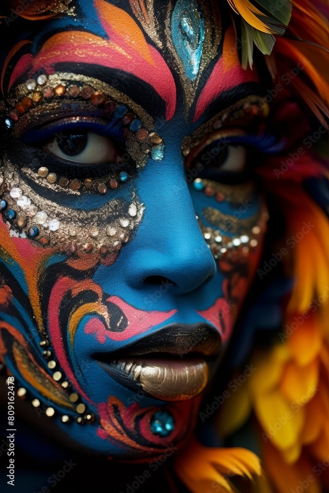 Vibrant face art with colorful makeup and feathers