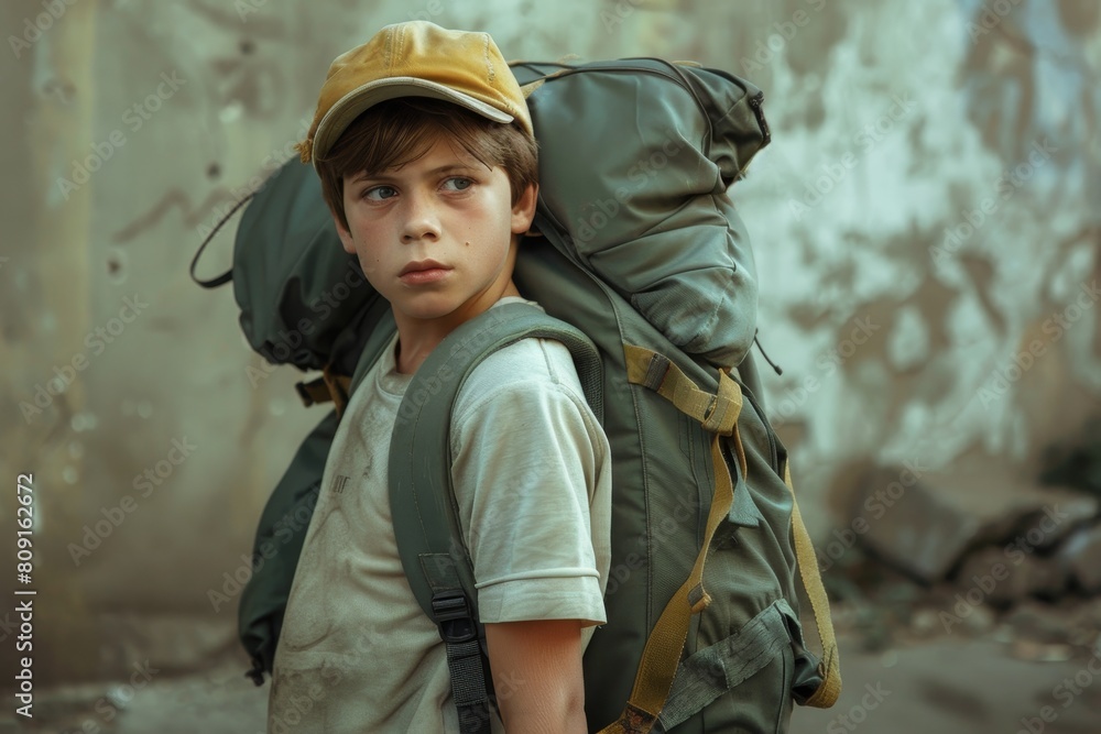 A young boy stands with a backpack on, ready for a new adventure, A boy with a backpack, ready for a new adventure