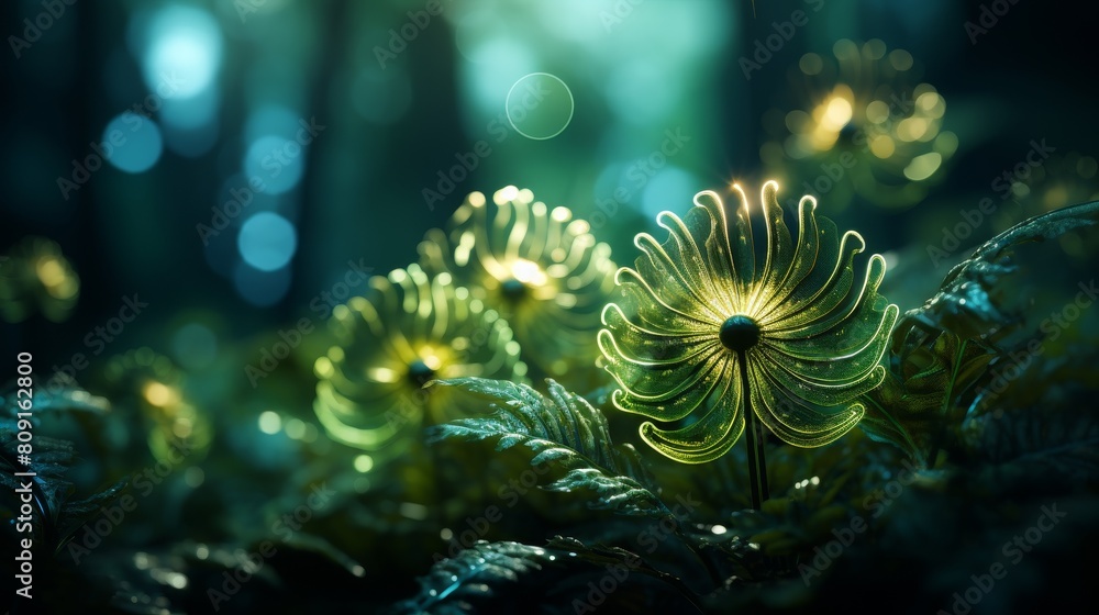 Glowing green flowers in a lush forest Glowing green flowers in a lush forest