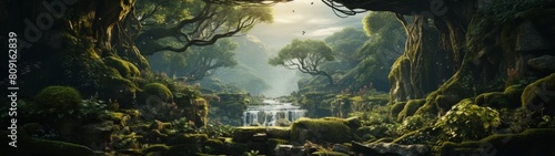 Enchanted forest landscape with waterfall