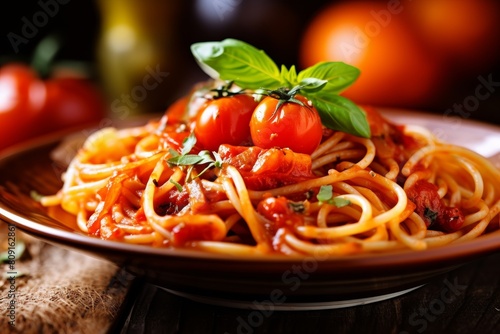 Delicious homemade italian pasta dish with tomatoes and basil