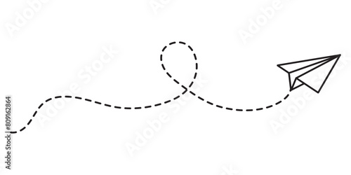 Paper plane with dotted line vector. Paper airplane, Travel symbol. Airplane track or route with dotted lines. Illustration of an airplane flying. vector illustration. photo