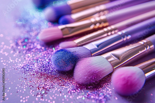 cutte image with nail, makeup brushes and hair brushes, a girly image, purple, gold, 3D