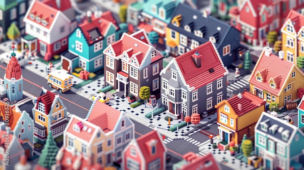 a centered wide shot isometric pixel art small Scandinavian town gradually going big to small, isolated a centered wide shot isometric pixel art small Scandinavian town gradually going big to small, isolated