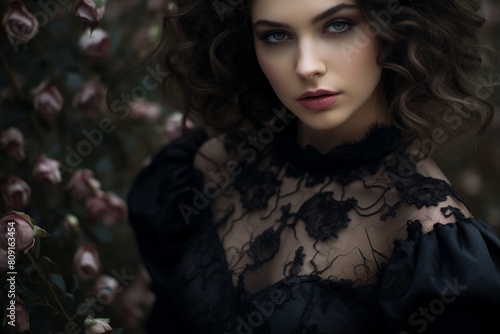 Mysterious woman in dark lace dress
