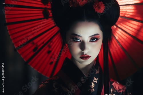 Mysterious geisha with red umbrella
