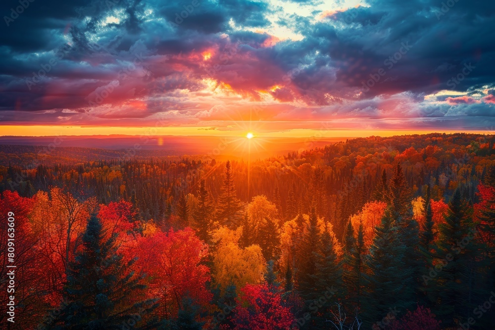 The sun descends behind a dense forest filled with trees, A breathtaking sunset over a forest ablaze with fall colors