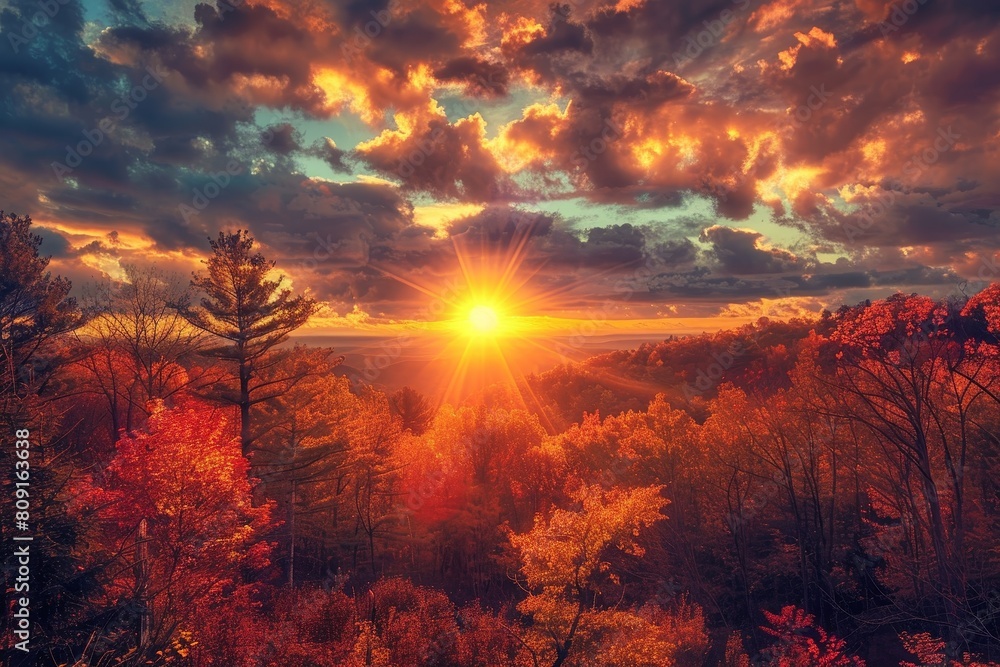 The sun is setting behind a dense forest filled with trees, casting a warm glow over the landscape, A breathtaking sunset over a forest ablaze with fall colors