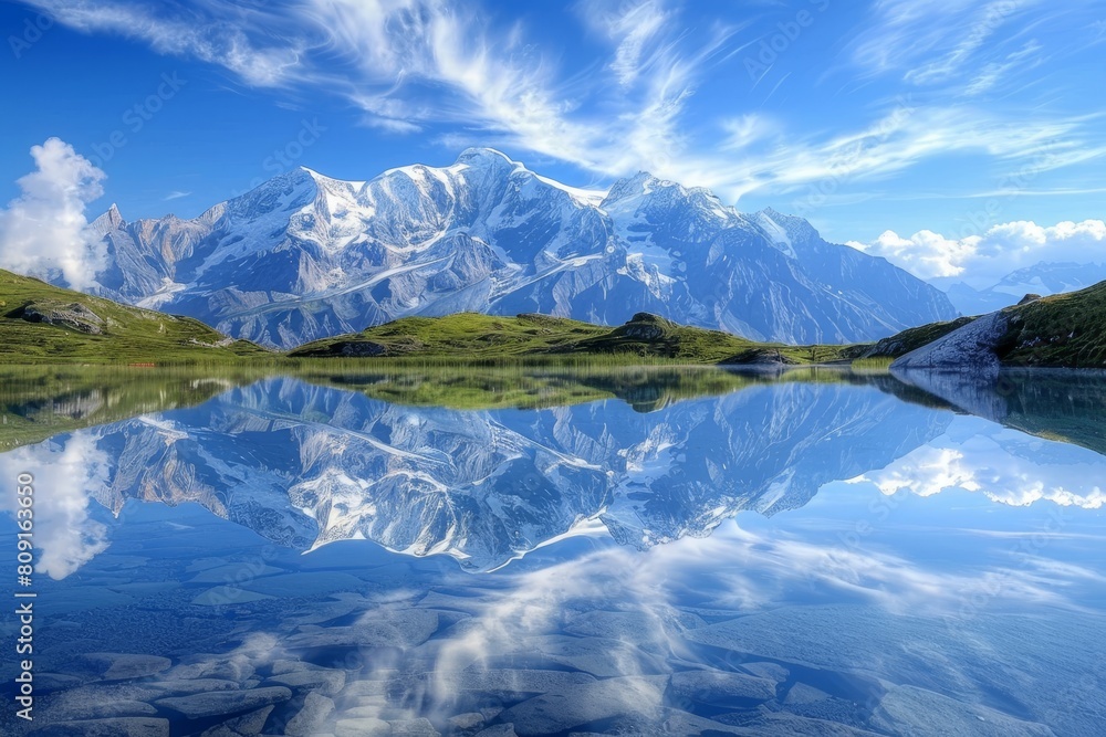 Snowcapped mountain range mirrored in serene lake, A breathtaking view of a snow-capped mountain range reflected in a glassy alpine lake Snowcapped mountain range mirrored in serene lake, A breathtaking view of a snow-capped mountain range reflected in a glassy alpine lake