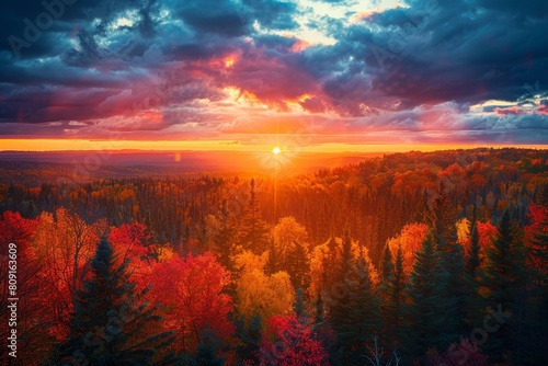 The sun descends behind a dense forest filled with trees, A breathtaking sunset over a forest ablaze with fall colors © Iftikhar alam