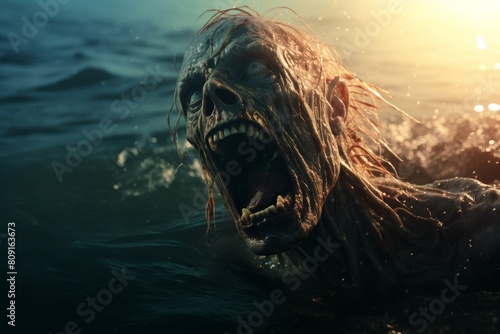 Terrifying zombie creature emerging from the dark waters