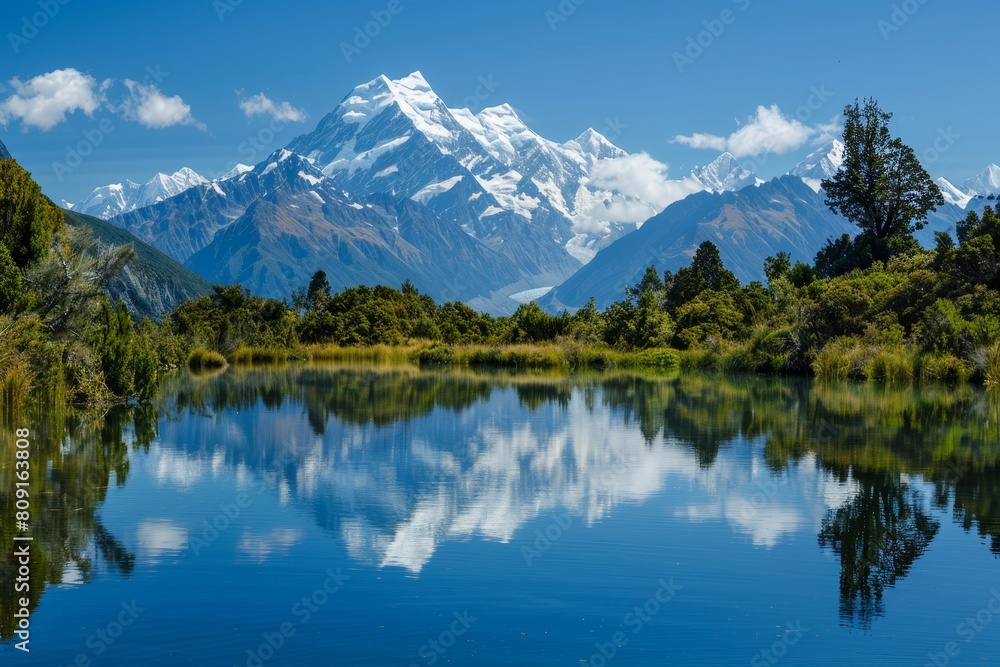 Snowcapped mountain range mirrored in calm lake water, A breathtaking view of a snow-capped mountain range reflected in a glassy alpine lake Snowcapped mountain range mirrored in calm lake water, A breathtaking view of a snow-capped mountain range reflected in a glassy alpine lake