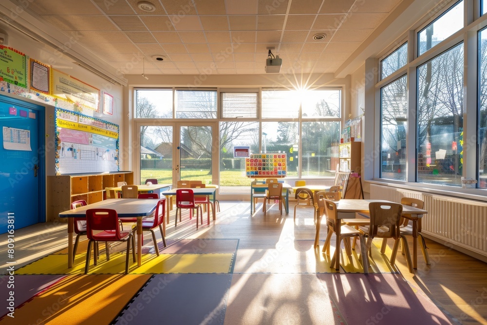 Bright and airy classroom filled with numerous tables and chairs for students or attendees, A bright and airy classroom illuminated by natural light