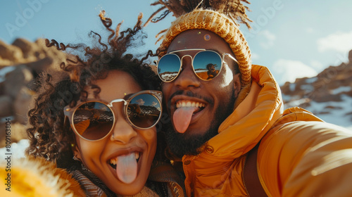 Playful selfie with funny faces, couple poking tongues out, radiating youthful love and energy.