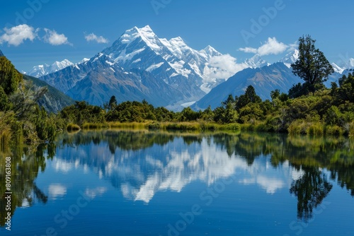 Snowcapped mountain range mirrored in calm lake water, A breathtaking view of a snow-capped mountain range reflected in a glassy alpine lake