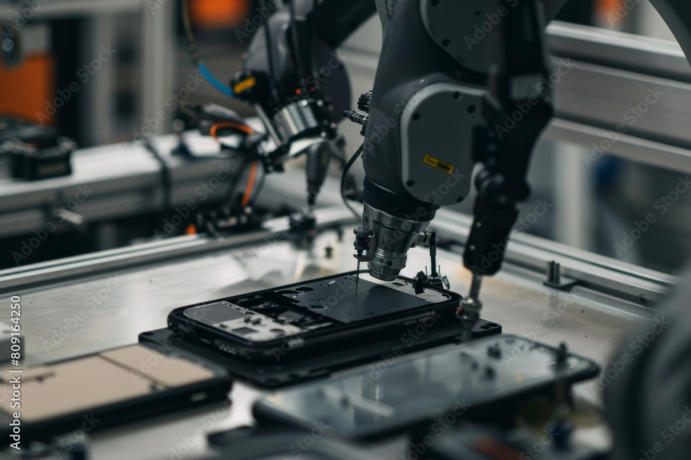 A robotic arm is working on a cell phone A robotic arm is working on a cell phone