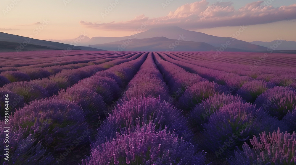 A lavender field in full bloom, with rows of purple flowers stretching as far the eye can see under a pastel sky. A lavender field in full bloom, with rows of purple flowers stretching as far the eye can see under a pastel sky.