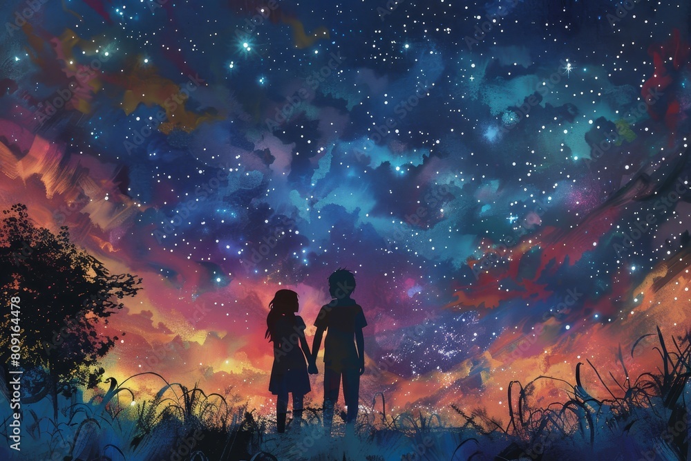 A man and a woman stand side by side under a sky filled with stars, A brother and sister sharing a secret under the stars