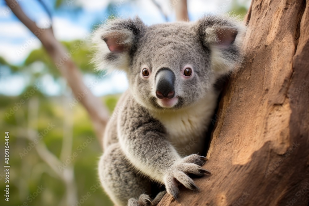Fototapeta premium Adorable koala bear clinging to tree branch