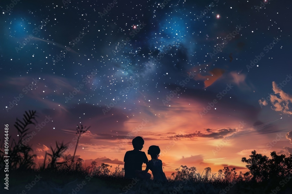 A couple, possibly siblings, standing together and looking up at the stars in the dark sky, A brother and sister sharing a secret under the stars