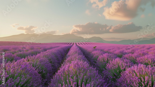 A lavender field in full bloom  with rows of purple flowers stretching as far the eye can see under a pastel sky.