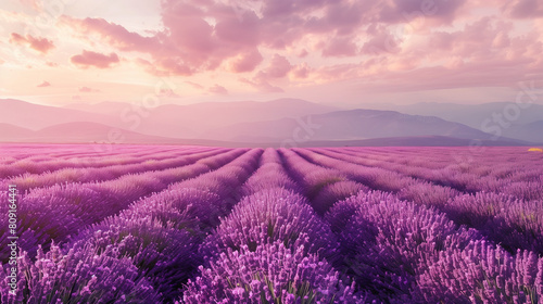 A lavender field in full bloom, with rows of purple flowers stretching as far the eye can see under a pastel sky.