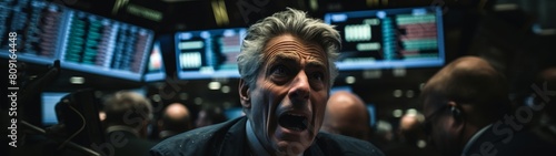 Stressed businessman yelling in trading room photo