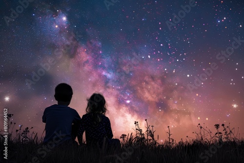 Brother and sister standing together, staring up at the night sky filled with stars, A brother and sister sharing a secret under the stars