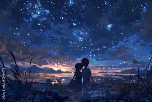 Brother and sister sitting together under a night sky filled with twinkling stars, A brother and sister sharing a secret under the stars