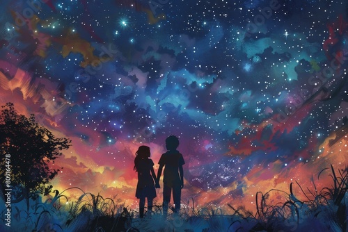 A man and a woman stand side by side under a sky filled with stars  A brother and sister sharing a secret under the stars