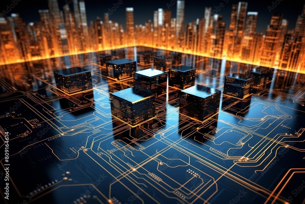 Futuristic city skyline with glowing circuit board