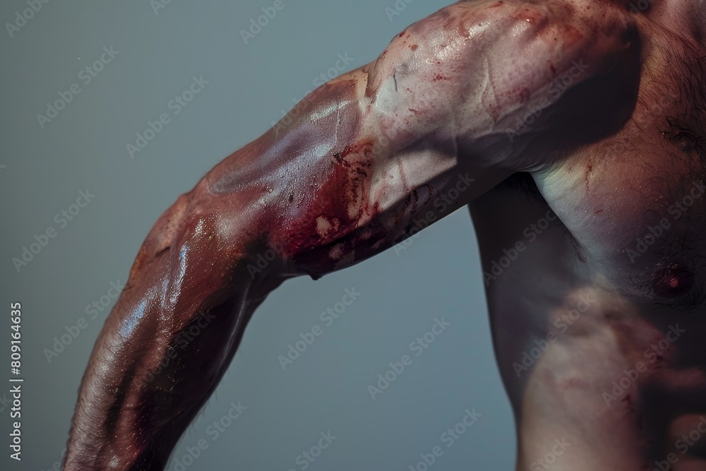 A man with a bruised and swollen bicep, blood visible on his arm and chest, A bruised and swollen bicep, indicative of trauma A man with a bruised and swollen bicep, blood visible on his arm and chest, A bruised and swollen bicep, indicative of trauma
