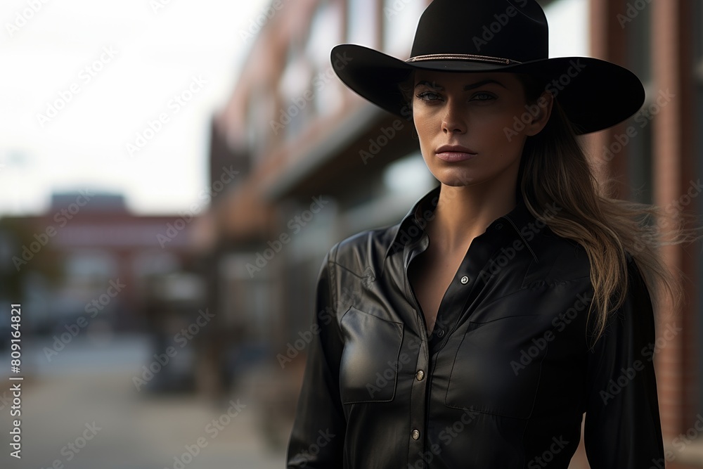 confident woman in black cowgirl hat and leather jacket confident woman in black cowgirl hat and leather jacket