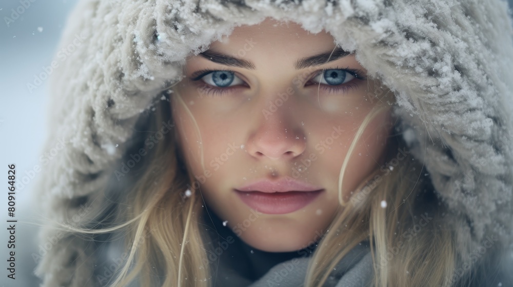 Captivating winter portrait of a woman with striking blue eyes Captivating winter portrait of a woman with striking blue eyes