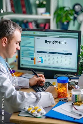 Hypoglycemia Medicine doctor working with computer interface as medical, with writing " Hypoglycemia "
