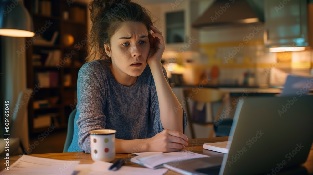 Worried Young Woman Working Late at Home, Struggling with Deadlines Worried Young Woman Working Late at Home, Struggling with Deadlines