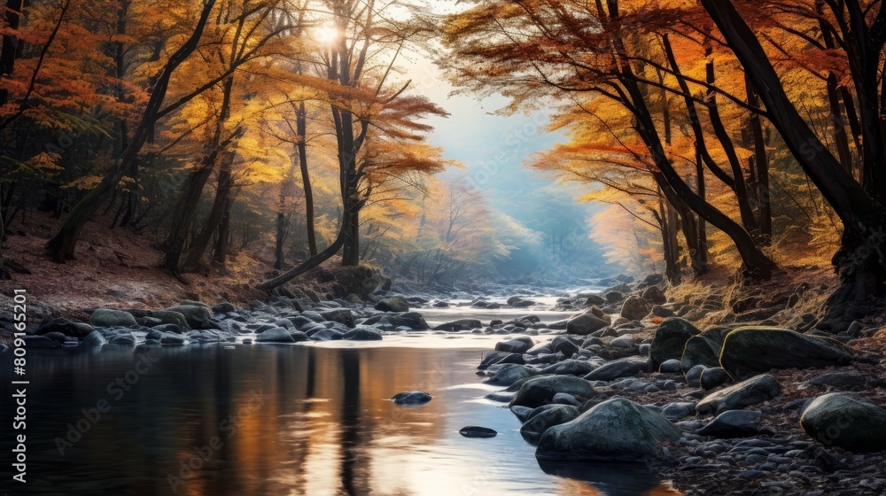 Serene autumn forest stream landscape Serene autumn forest stream landscape