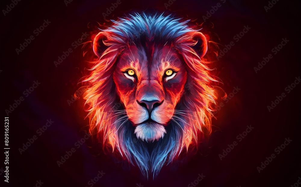 Blue Lion with Red Eyes: A Majestic and Fierce Creature Standing Against a Dark Background