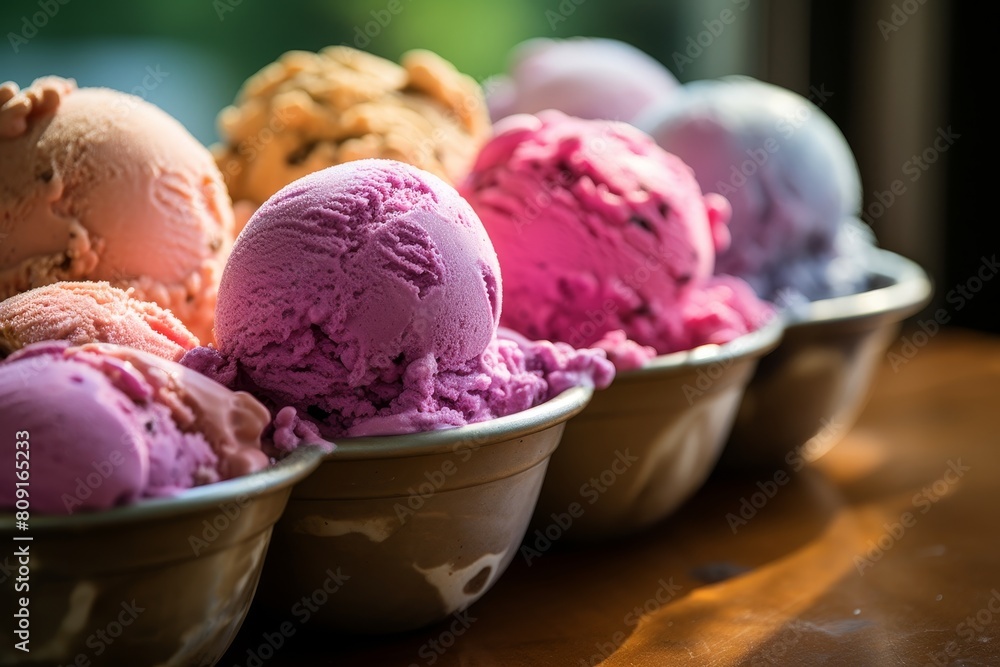 Colorful ice cream scoops in bowls Colorful ice cream scoops in bowls