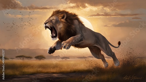 Majestic Lion Roaring at Sunset on Savannah - A Powerful Display of Wildlife Dominance