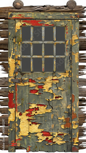 A door with a window is covered in rust and paint