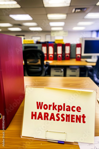 Documents about workplace harassment in an office, with writing 