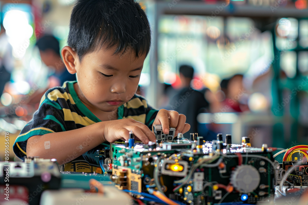 A young boy is working on a circuit board with a youtube logo on his arm A young boy is working on a circuit board with a youtube logo on his arm