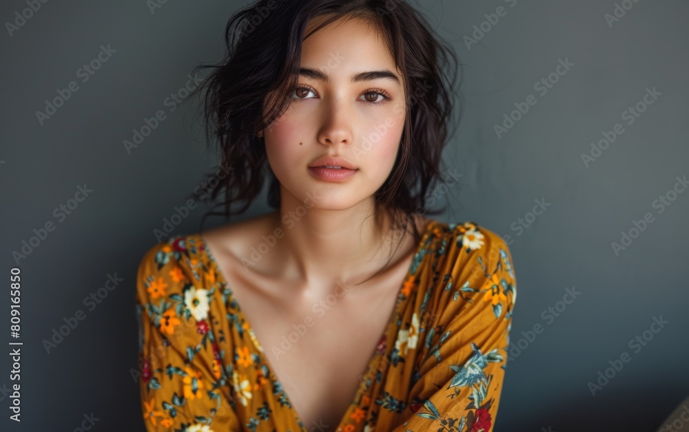 A woman wearing a yellow dress striking a pose for a photograph A woman wearing a yellow dress striking a pose for a photograph
