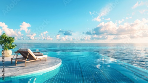 Elegant resort-style pool overlooking the sea  perfect for depicting luxury vacation and leisure concepts.