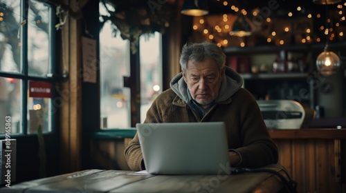 Senior Man Engaged in Laptop Work at Cozy Cafe with Festive Lights