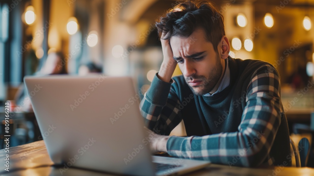 Young Man Feeling Stressed While Working on Laptop in Busy Cafe Young Man Feeling Stressed While Working on Laptop in Busy Cafe