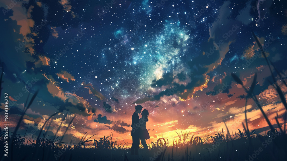 Sweet embraces shared by a cute couple under a starlit sky.